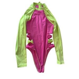 LoveShackFancy x Hurley Blocked Bow Cheeky Surf Suit One Pc Size M Magenta Lime